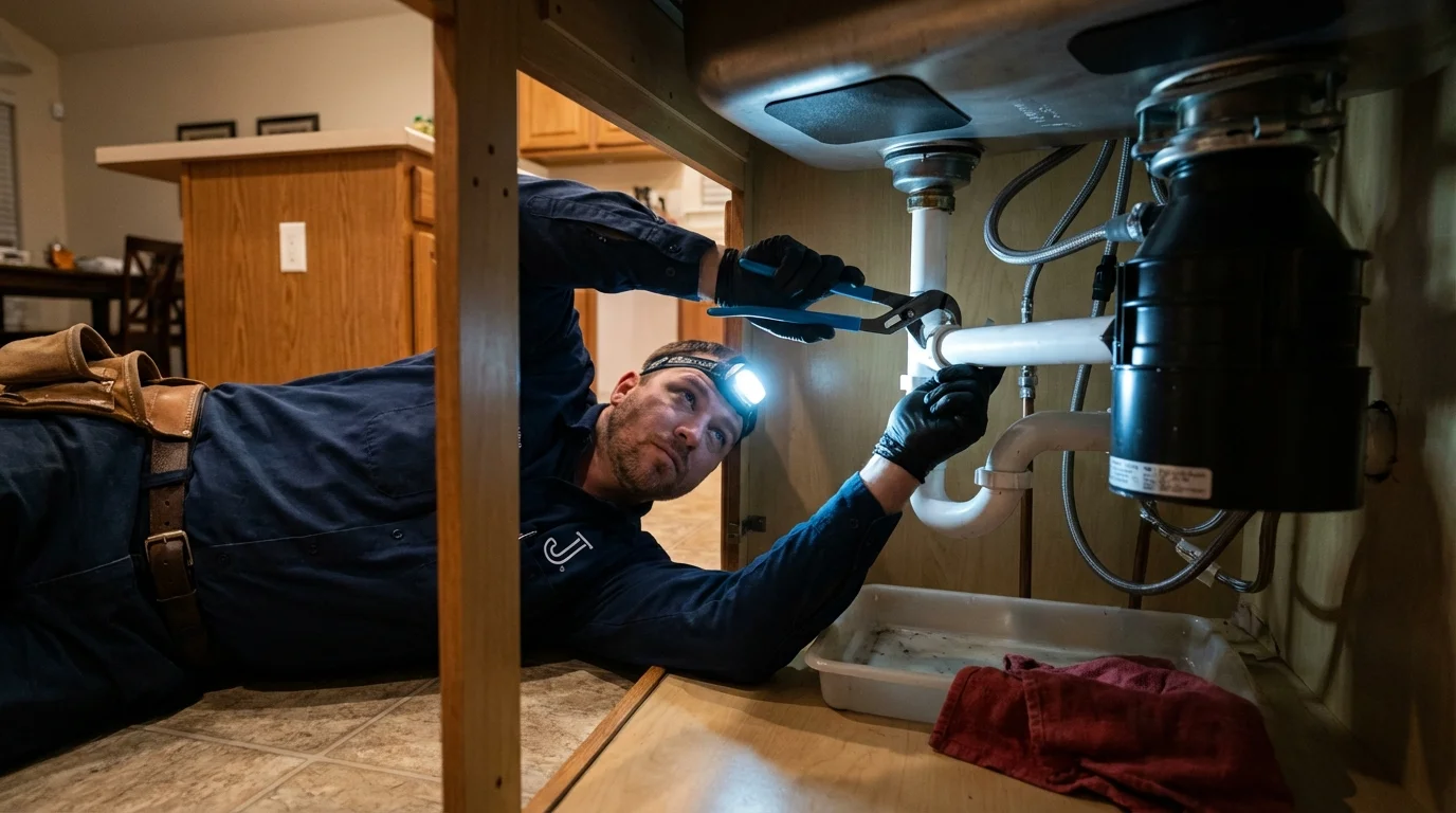 P-trap and supply line connections under a kitchen sink showing a common leak point in Mount Pleasant, MI